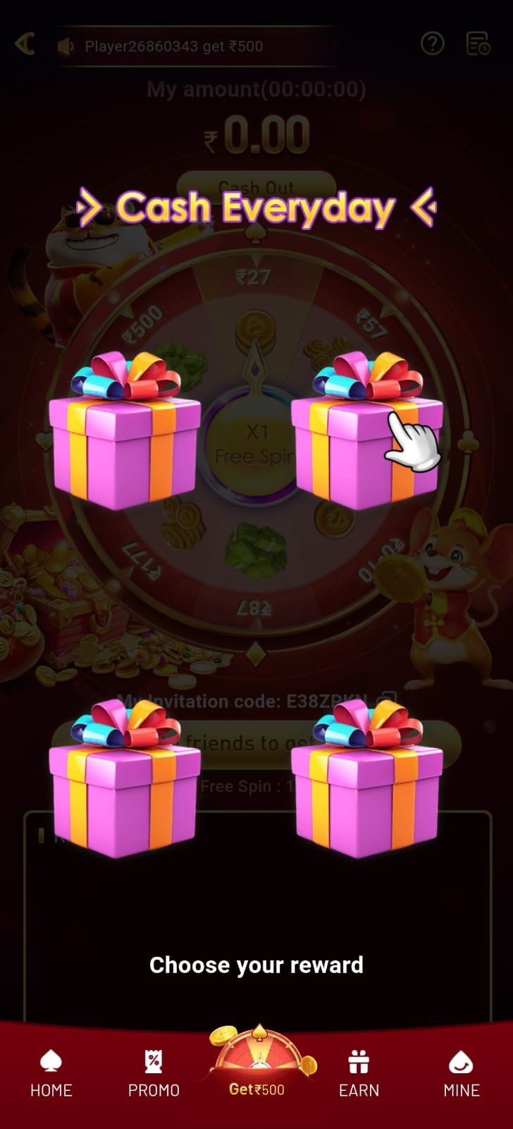AR777 Game daily reward screen prompting the user to choose a reward from four gift boxes labeled Cash Everyday
