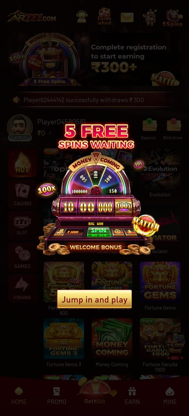 AR777 Game welcome bonus pop-up showing a slot machine graphic and offering 5 free spins to new players