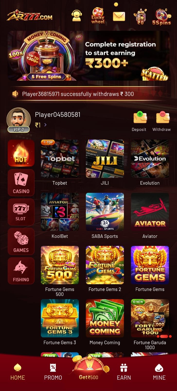 AR777 Game main lobby interface showing various game categories and popular titles like Aviator, Fortune Gems, and Money Coming